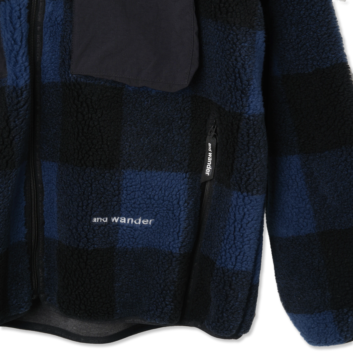 And Wander Check Boa Jacket Blue
