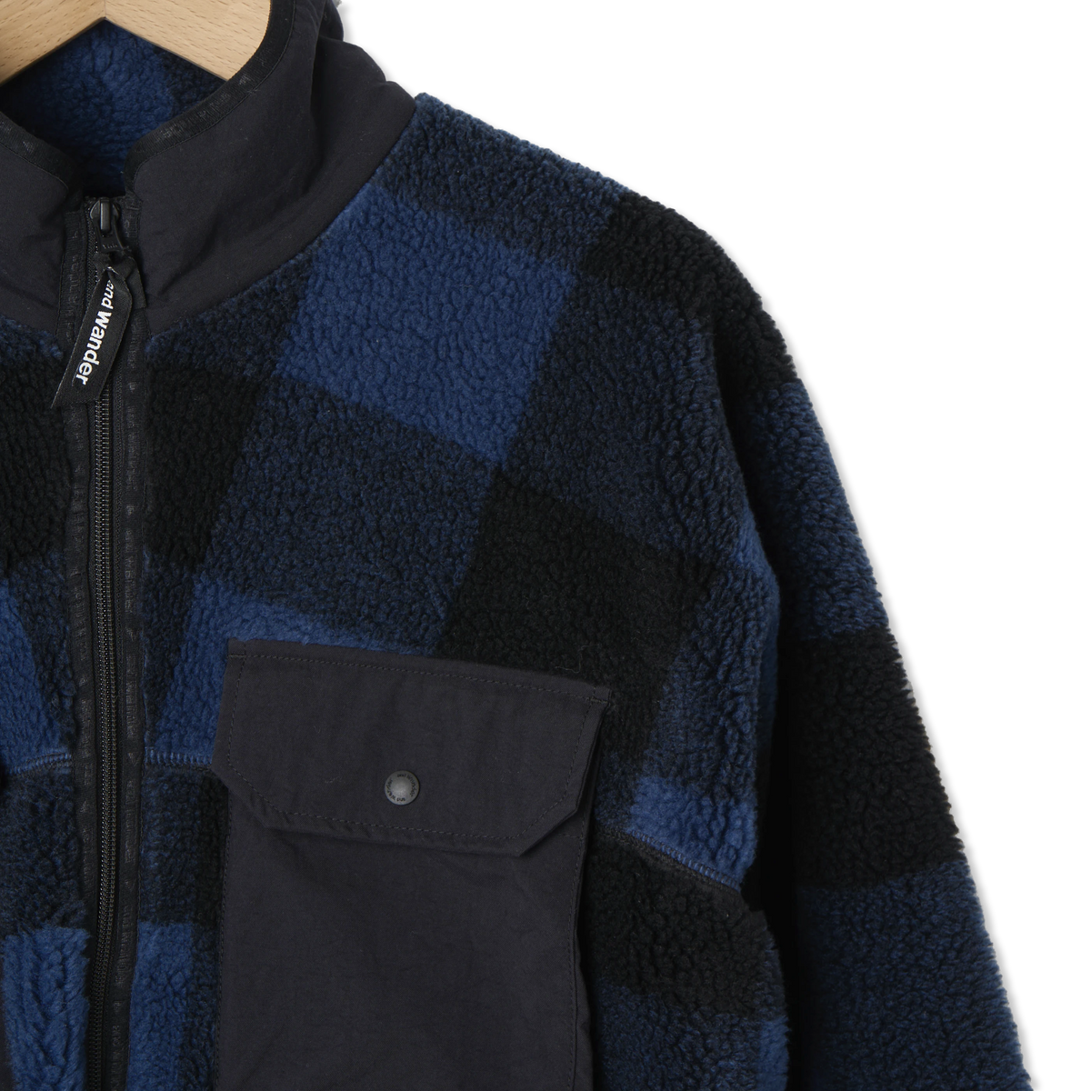And Wander Check Boa Jacket Blue