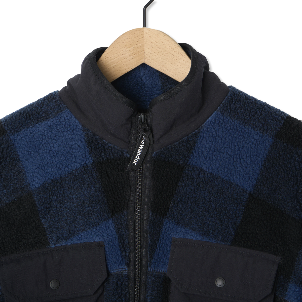 And Wander Check Boa Jacket Blue