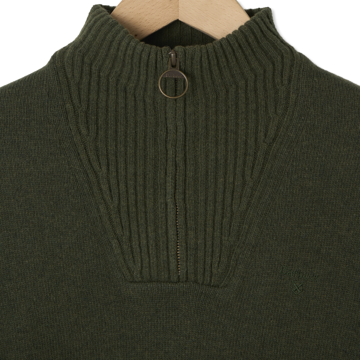 Barbour Essential Lambswool Half Zip Knitted Jumper Mid Olive - Detail 2