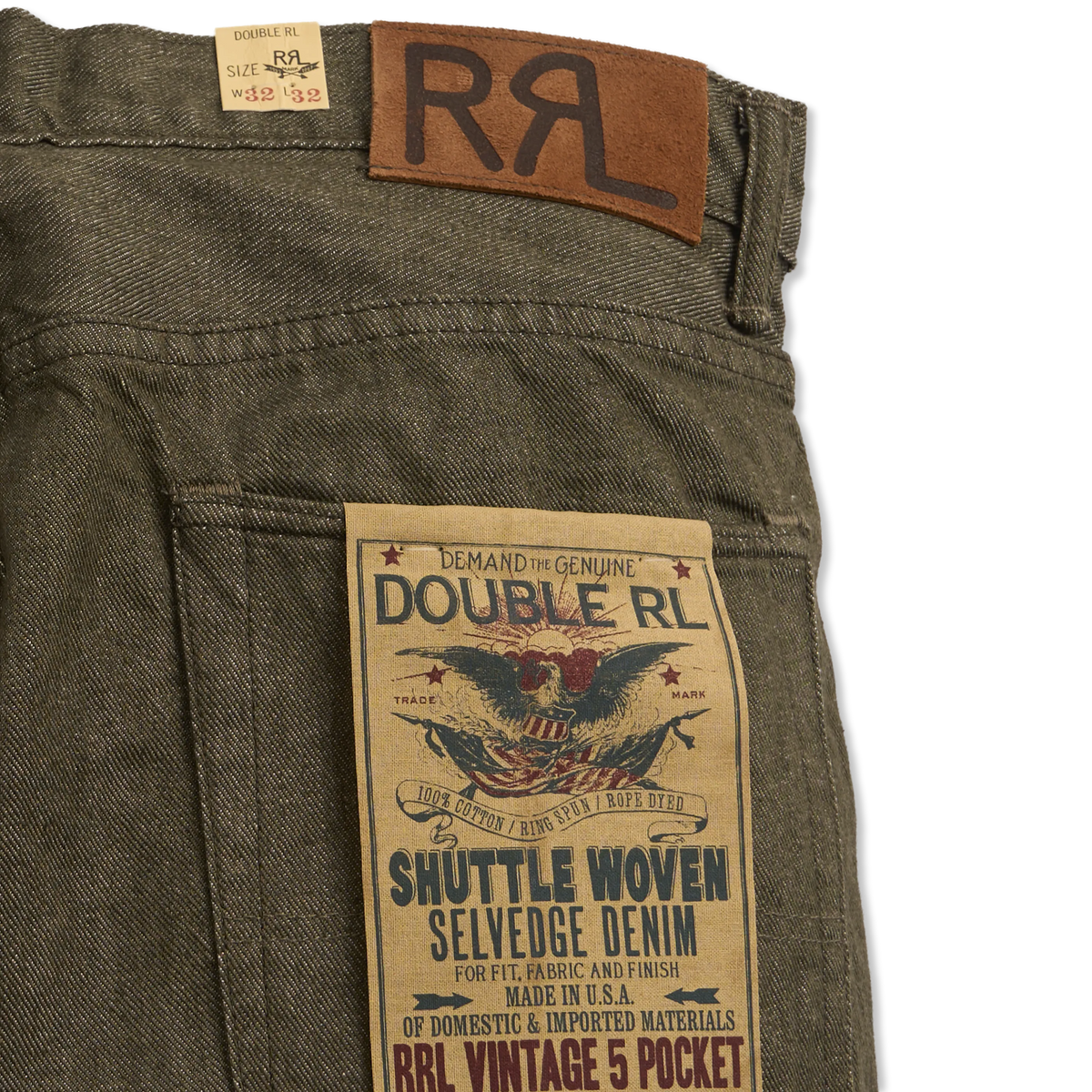 RRL By Ralph Lauren Vintage 5 Pocket Olive Selvedge Jean Olive Rinse - Detail 3