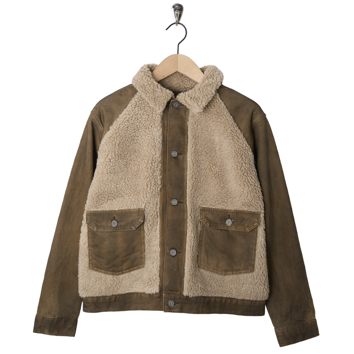 RRL By Ralph Lauren Fleece-Panel Denim Trucker Jacket Distressed Brown - Front