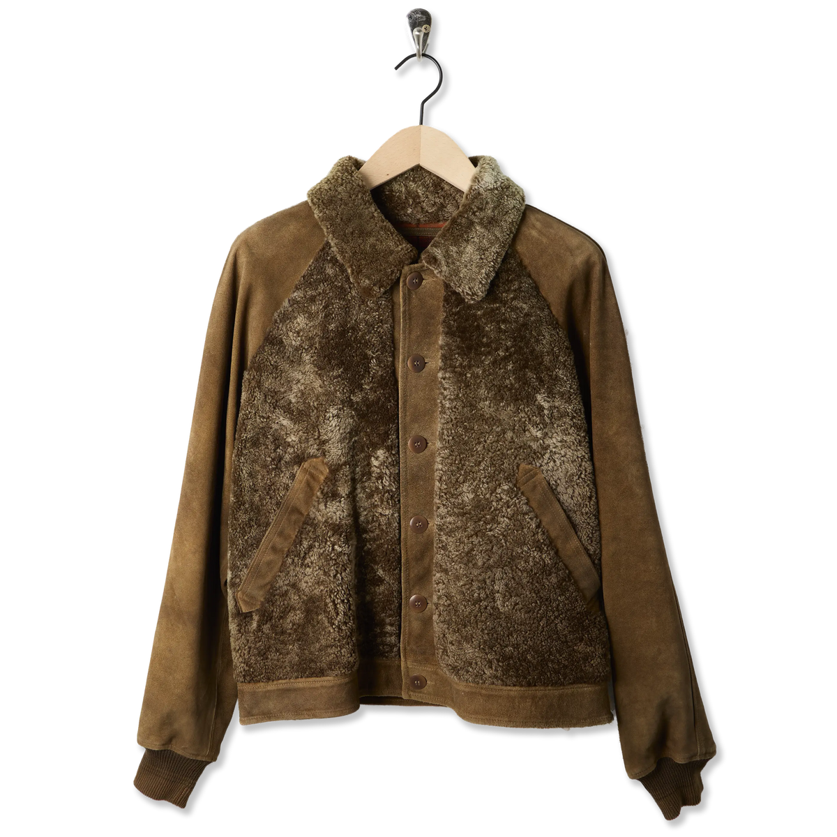 RRL By Ralph Lauren Shearling-Panelled Roughout Suede Jacket Vintage Brown - Front