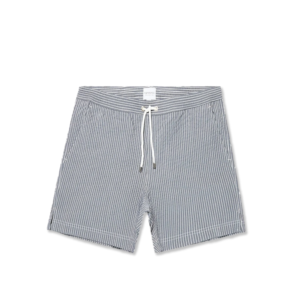Sunspel Textured Stripe Swimshort Navy / White Seersucker Pinstripe