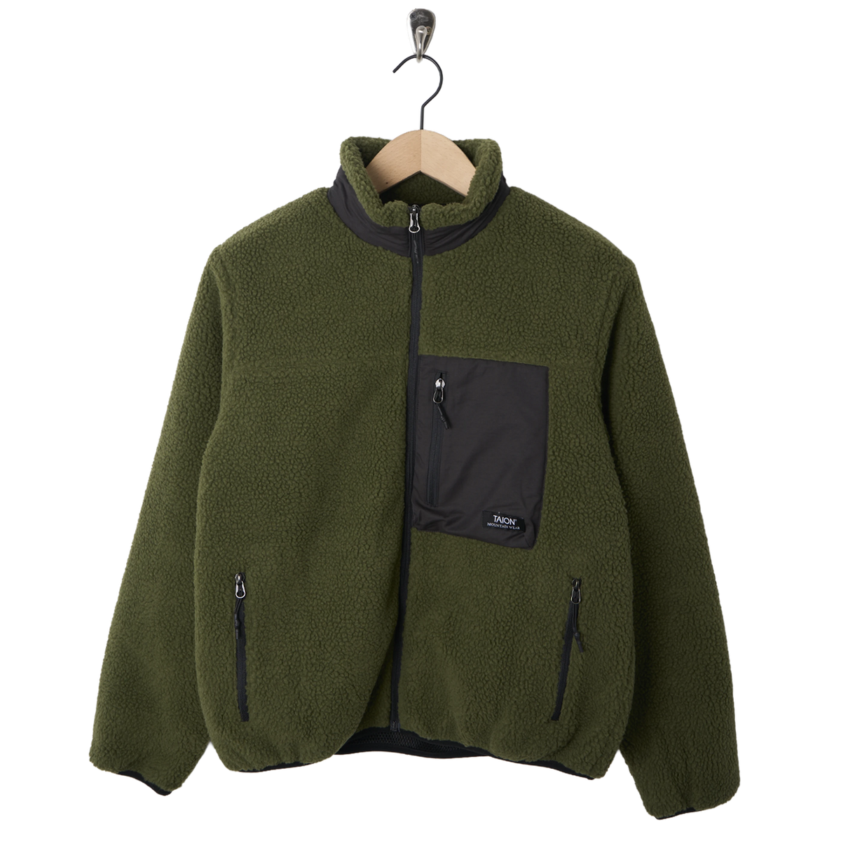 Taion Mountain Boa Fleece High-Neck Jacket Dark Olive - Front