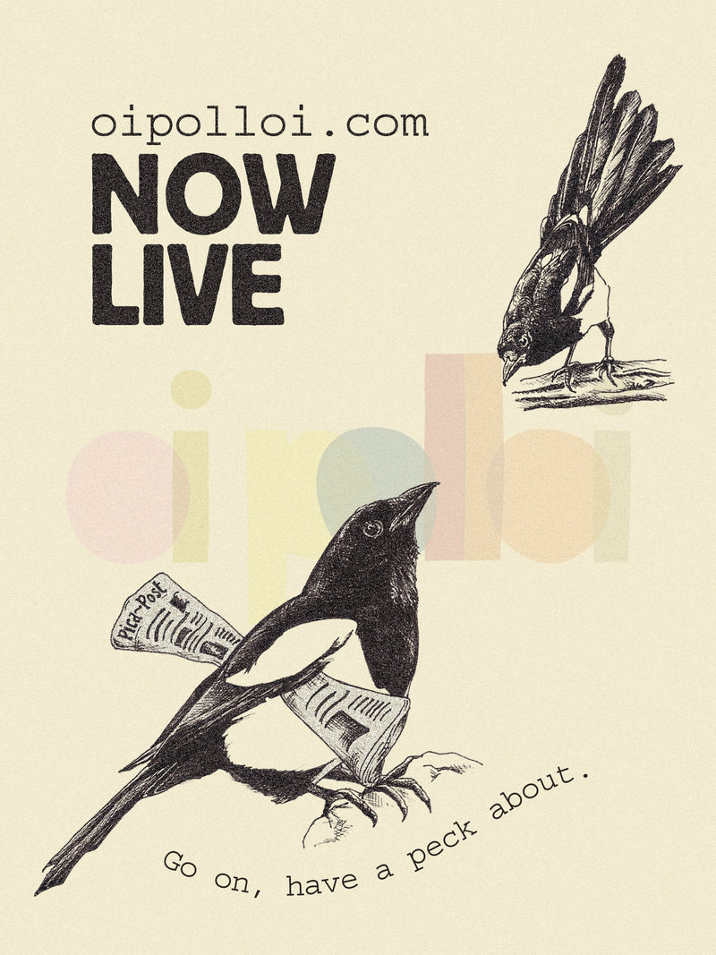 Oi Polloi relaunch poster with two illustrated magpies, one carrying Pica Post, and the words ‘Now Live’.