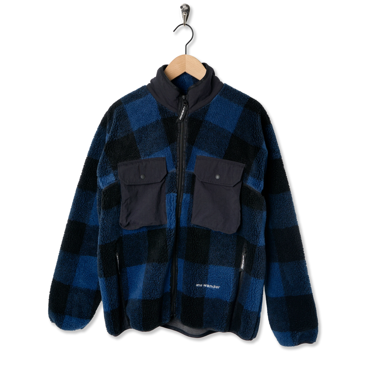 And Wander Check Boa Jacket Blue - Front