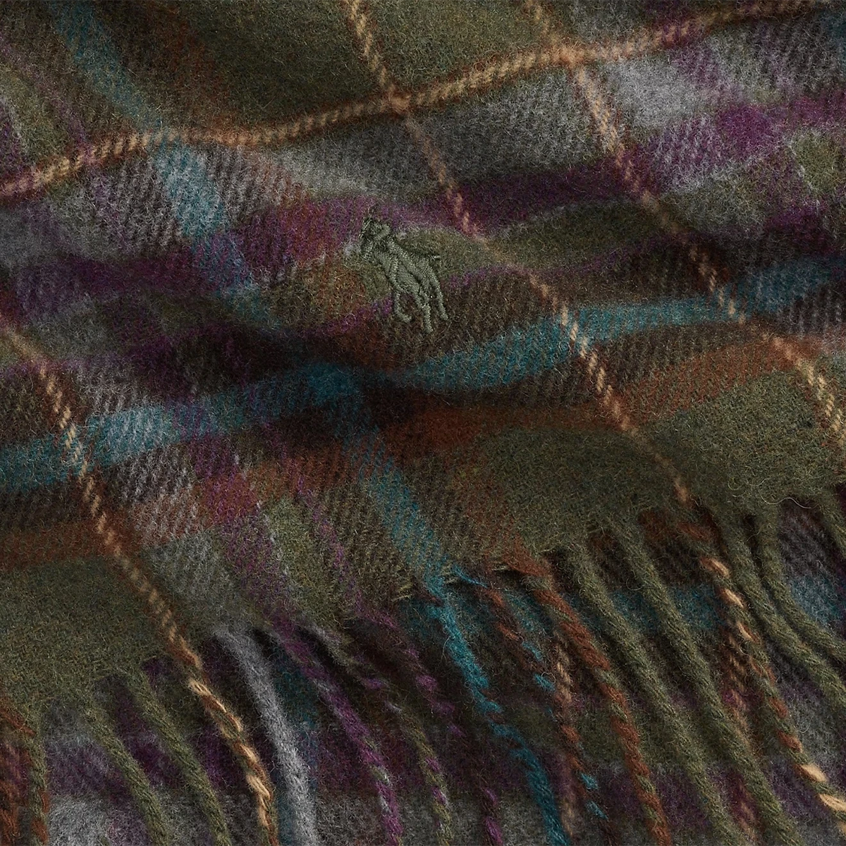 Polo Ralph Lauren Tartan Fringe Wool Scarf Olive - View 2