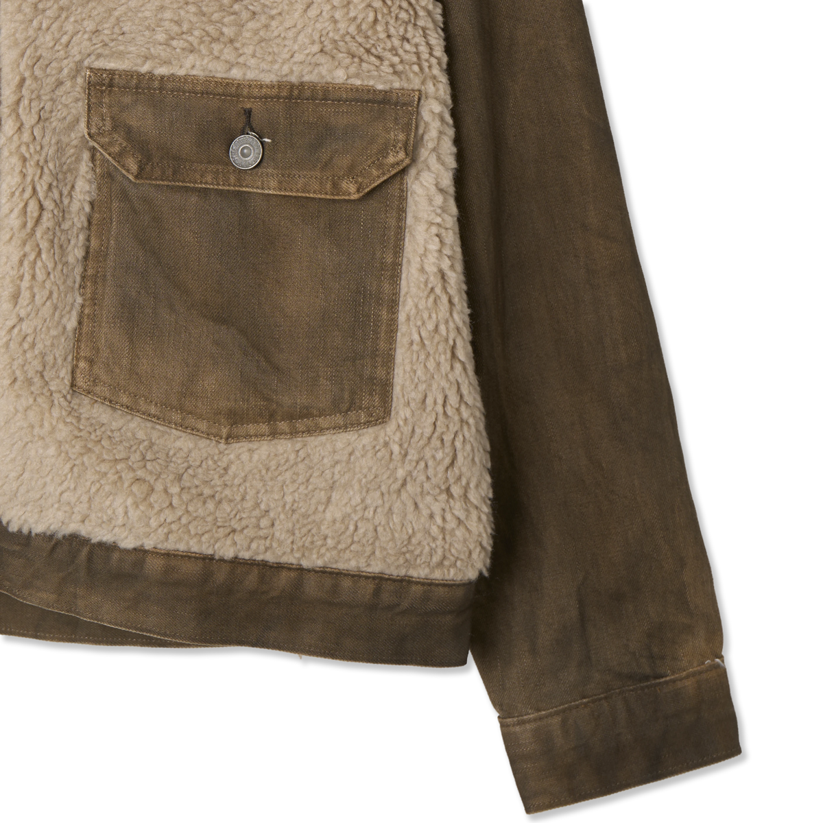 RRL By Ralph Lauren Fleece-Panel Denim Trucker Jacket Distressed Brown - Detail 4