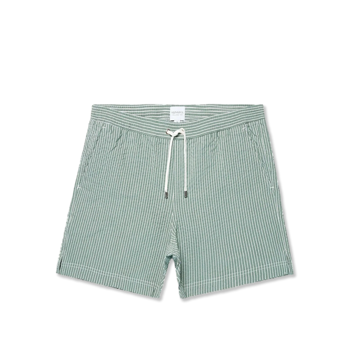Sunspel Textured Stripe Swimshort Bright Green / White Seersucker Pinstripe