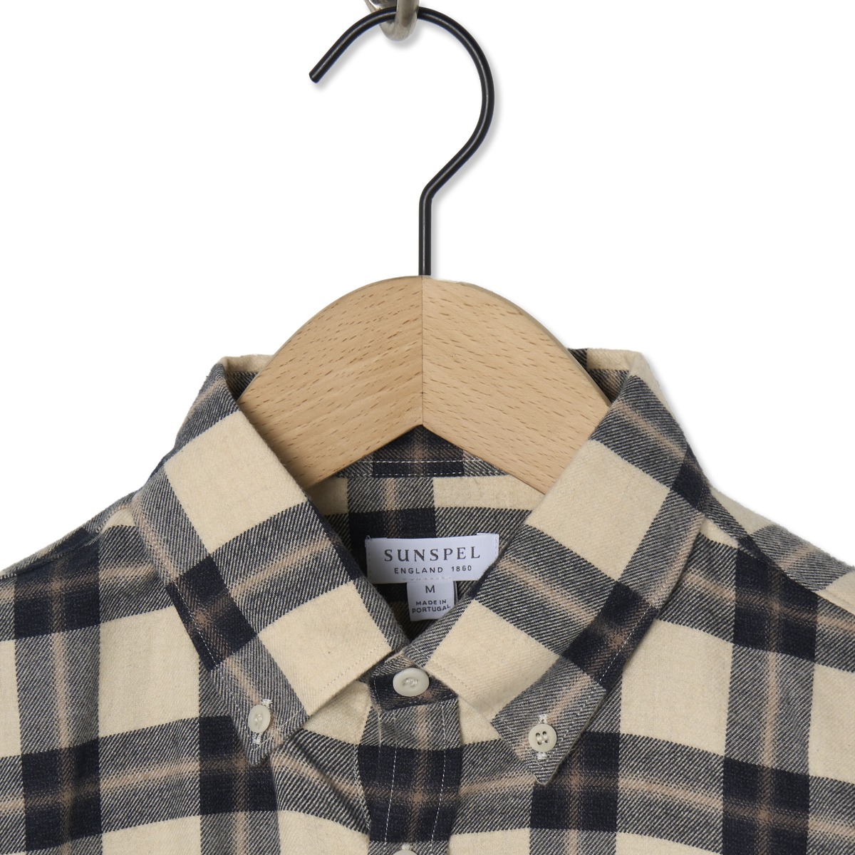 Sunspel Brushed Cotton Flannel Check Shirt Ecru / Truffle Check - Detail 1
