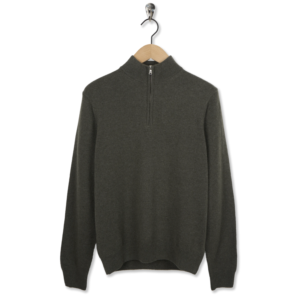 Sunspel Cashmere Half Zip Khaki - Front