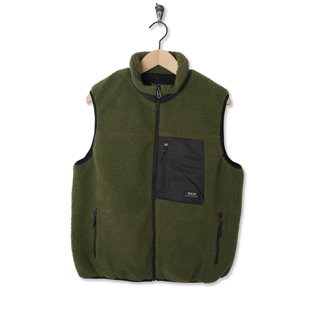 Taion Mountain Boa Fleece High-Neck Vest Dark Olive - Front